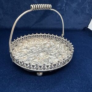 Antique Art Nouveau Derby Silver Co Footed Basket w Handle Thistle Floral Design